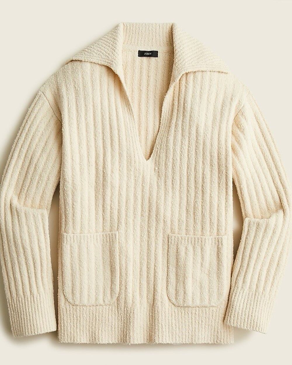 J.Crew Boucle Beach Sweater Womens S Cream Ribbed V Neck Coastal Preppy - Picture 1 of 11
